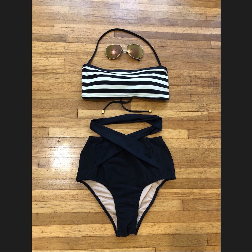 DKNY swim stripe top high-waisted bottoms aviators